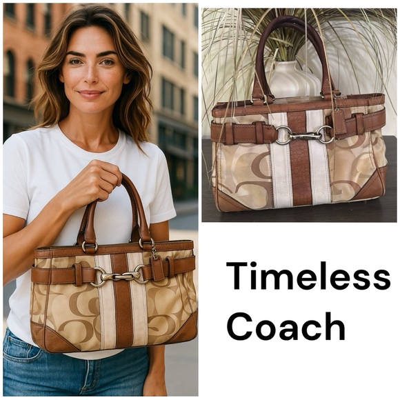 COACH HAMPTON SIGNATURE SATCHEL TOTE HANDBAG BROWN LEATHER TRIM Y2K - Picture 1 of 16